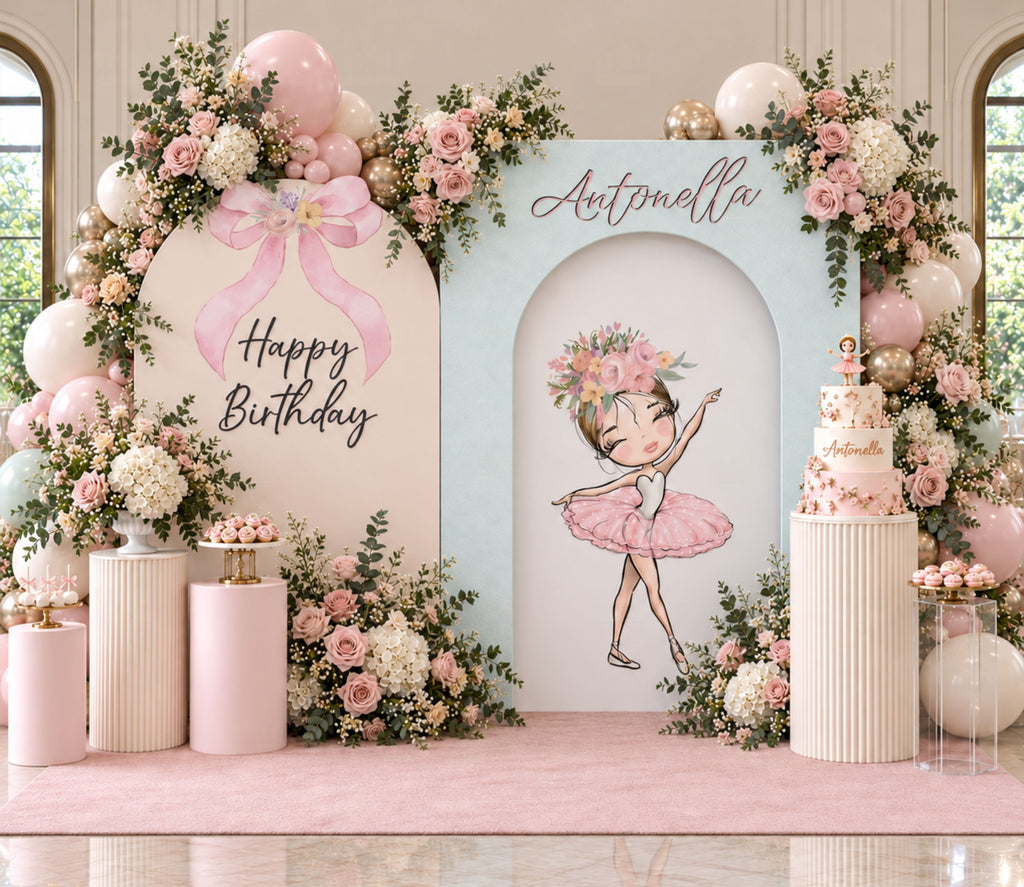 Elegant ballerina party setup with pastel pink backdrop panels, balloon garland and soft floral birthday styling.