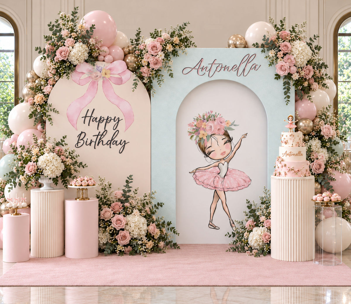 Elegant ballerina party setup with pastel pink backdrop panels, balloon garland and soft floral birthday styling.