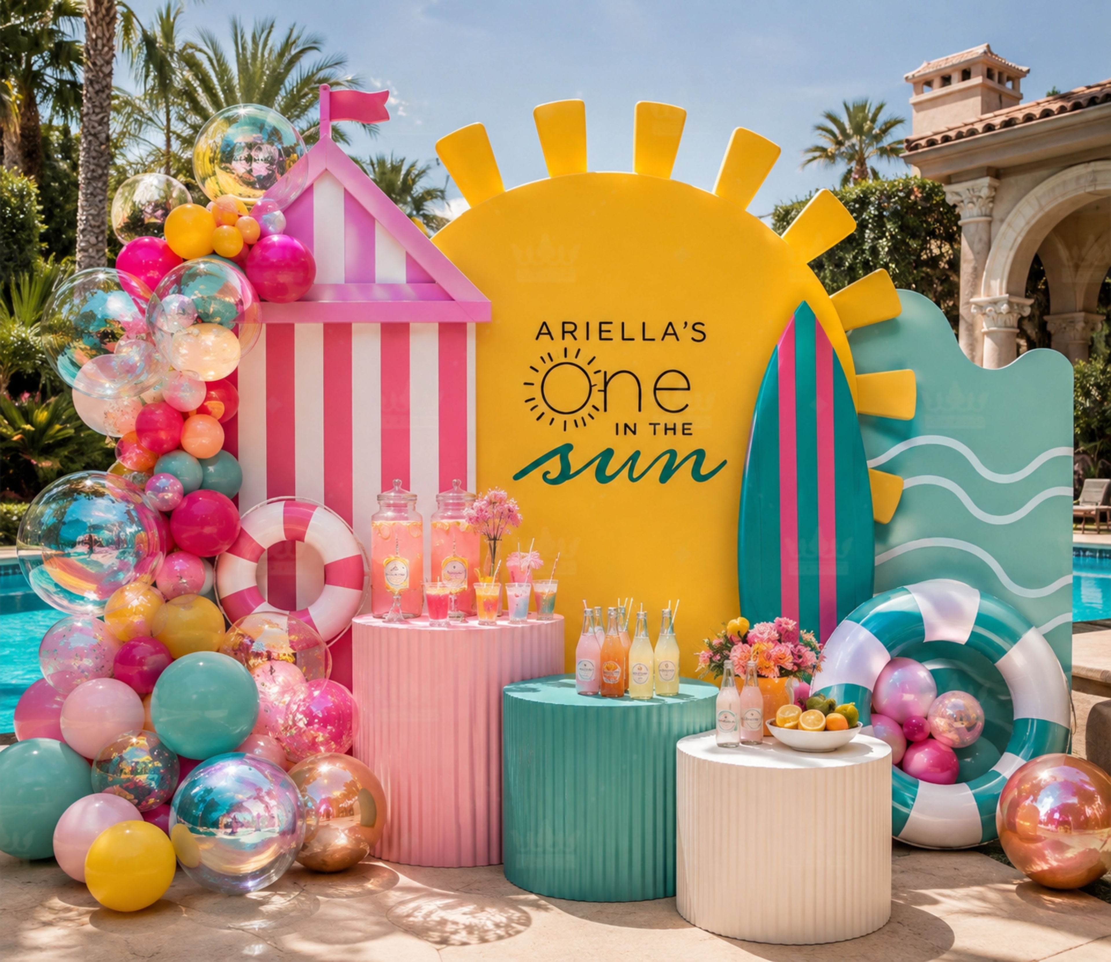 Colorful personalized summer birthday backdrop with tropical pool party decor and balloon arrangement