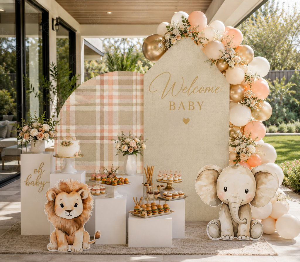 eutral woodland animal backdrop with warm beige panels, balloons and little animal cutouts