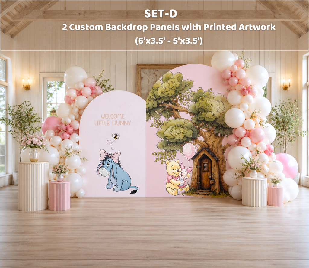 Personalized Honey Bear party decor with pastel backdrop panels and matching character cutouts for kids celebrations.