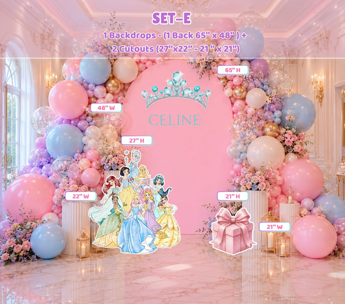 Princess party decoration options sheet with themed add-ons, props and accessory cutouts for a coordinated birthday setup.