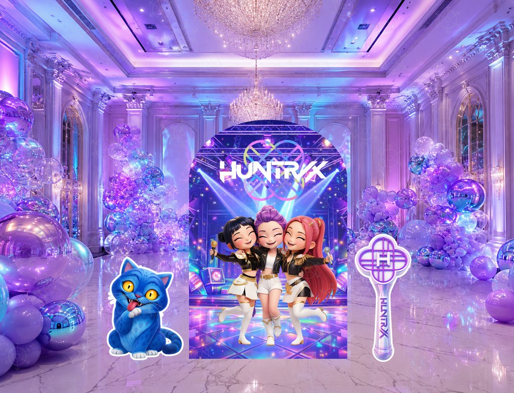 Chibi teen idol party backdrop with vibrant purple stage lights, personalized birthday sign and concert themed standee cutouts.
