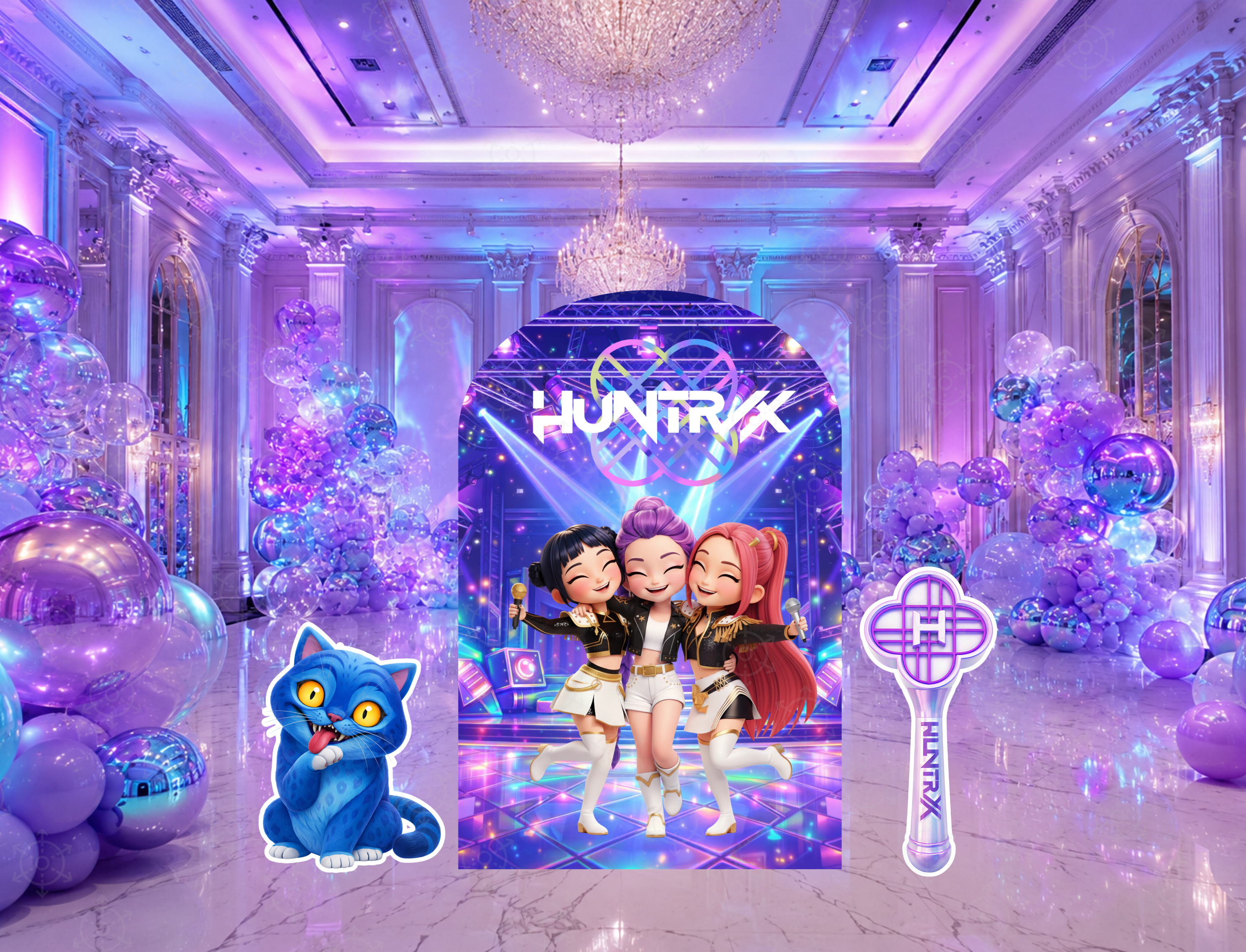 Chibi teen idol party backdrop with vibrant purple stage lights, personalized birthday sign and concert themed standee cutouts.