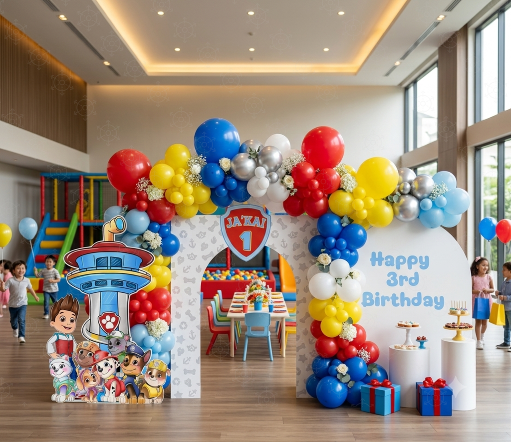 Colorful puppy rescue birthday backdrop and cutouts with red blue and yellow balloons