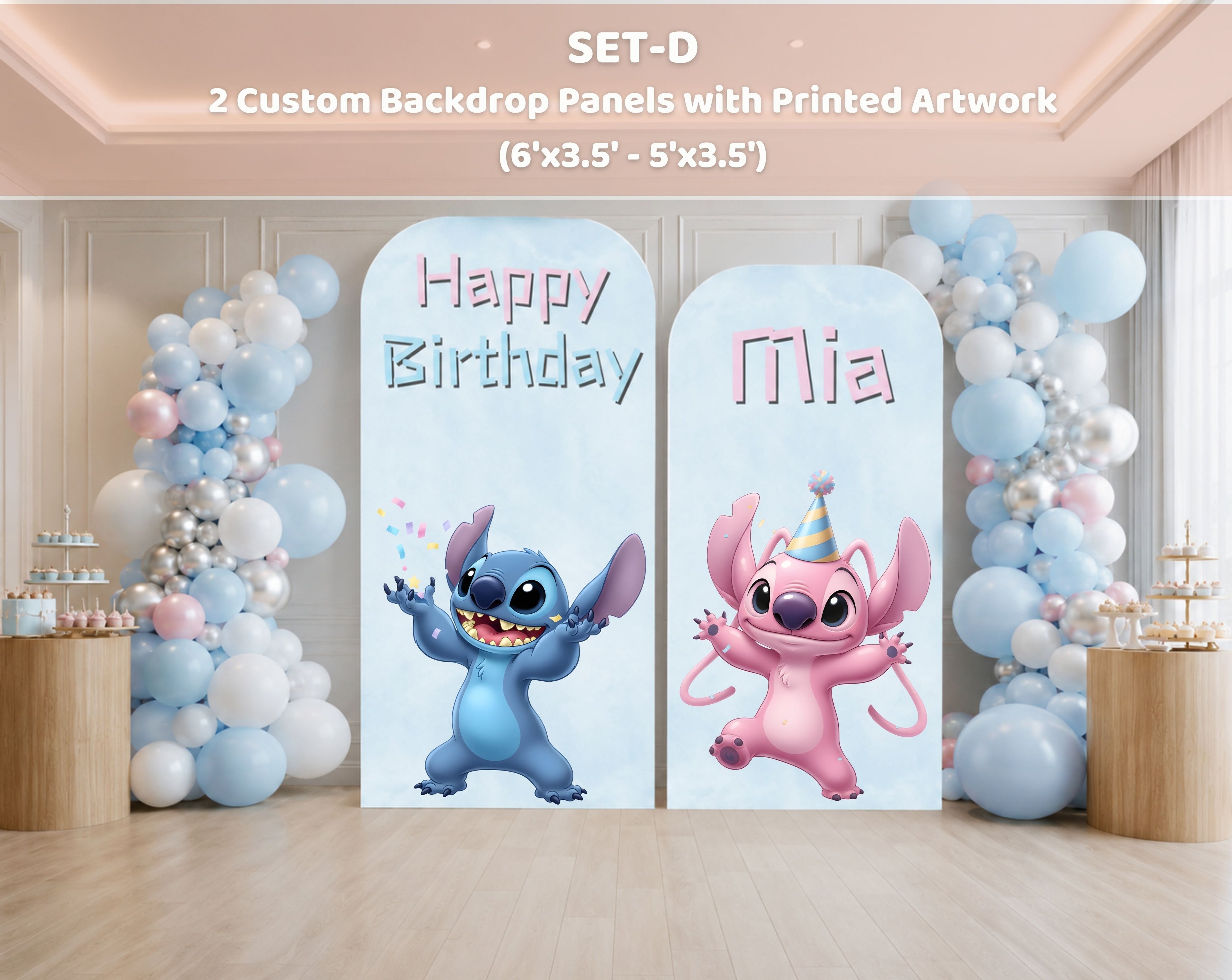 Personalized blue alien birthday backdrop with soft pink and blue balloons, pastel panels and character decorations indoors.