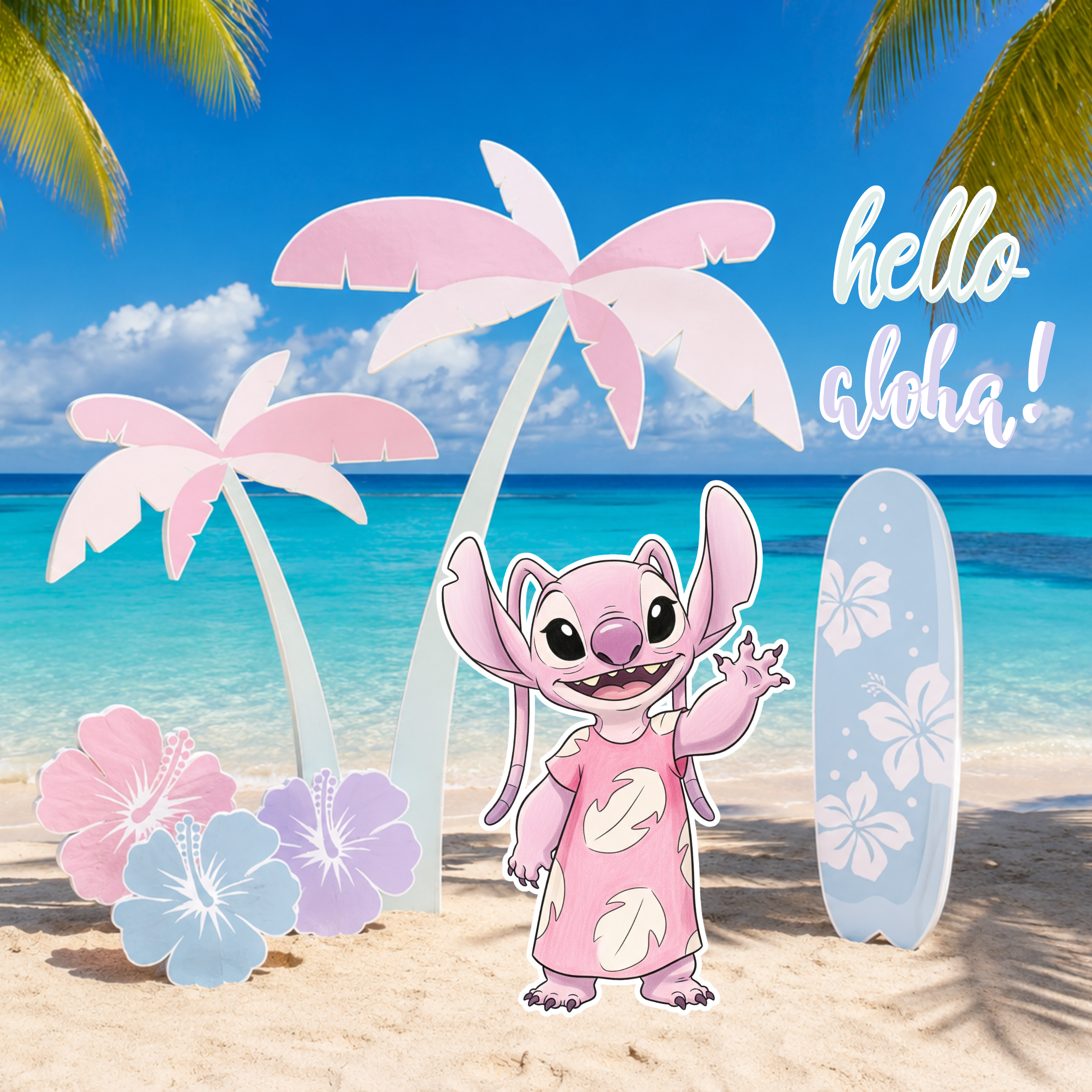 Pastel Blue Alien Beach Birthday Backdrop & Cutouts | Personalized Tropical Kids Party Decorations