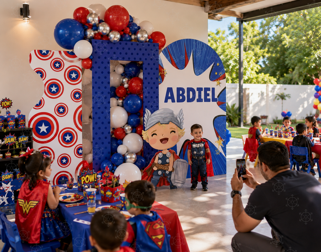 Superhero First Birthday Backdrop & Cutouts | Personalized Comic City Party Decorations