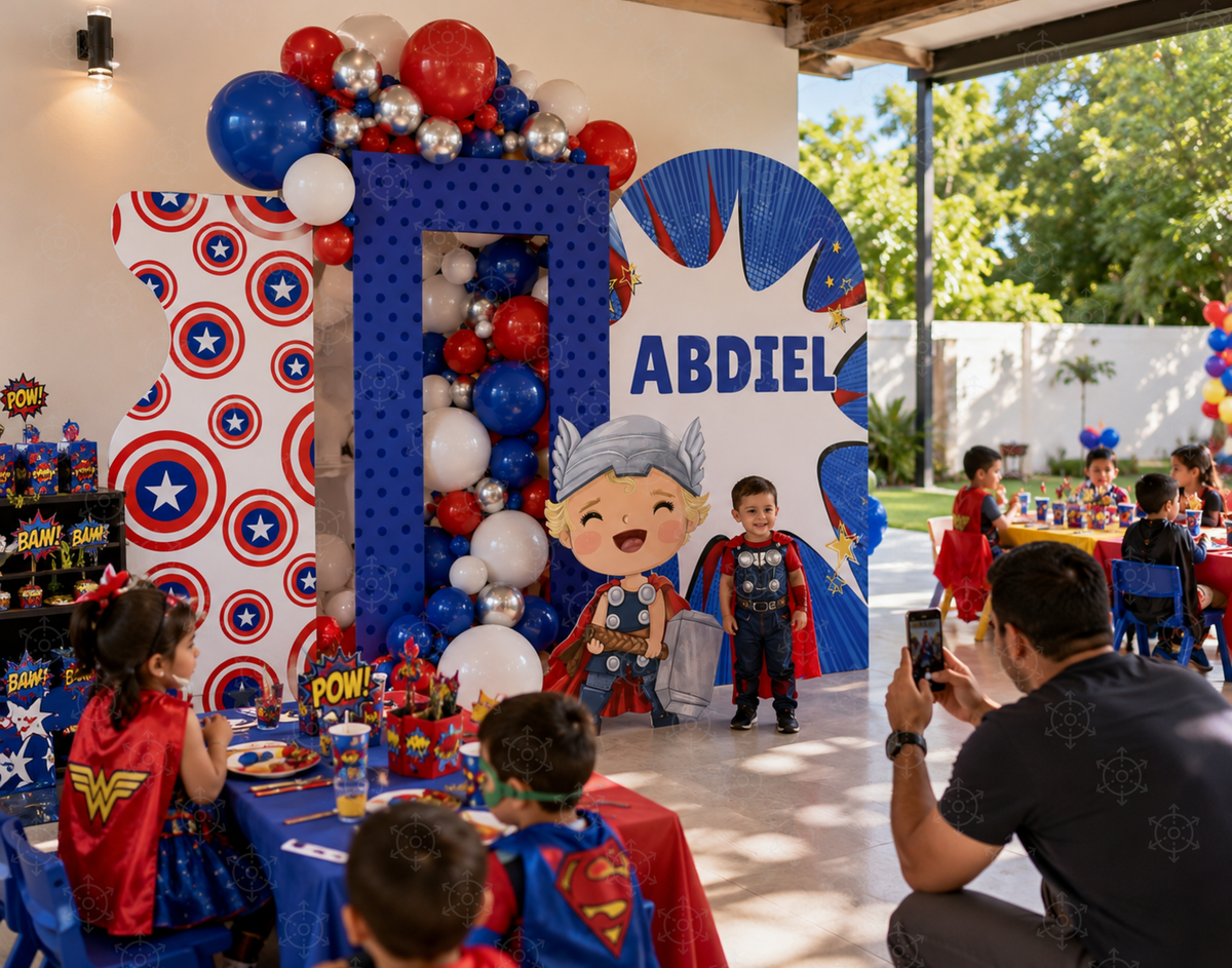 Superhero First Birthday Backdrop & Cutouts | Personalized Comic City Party Decorations