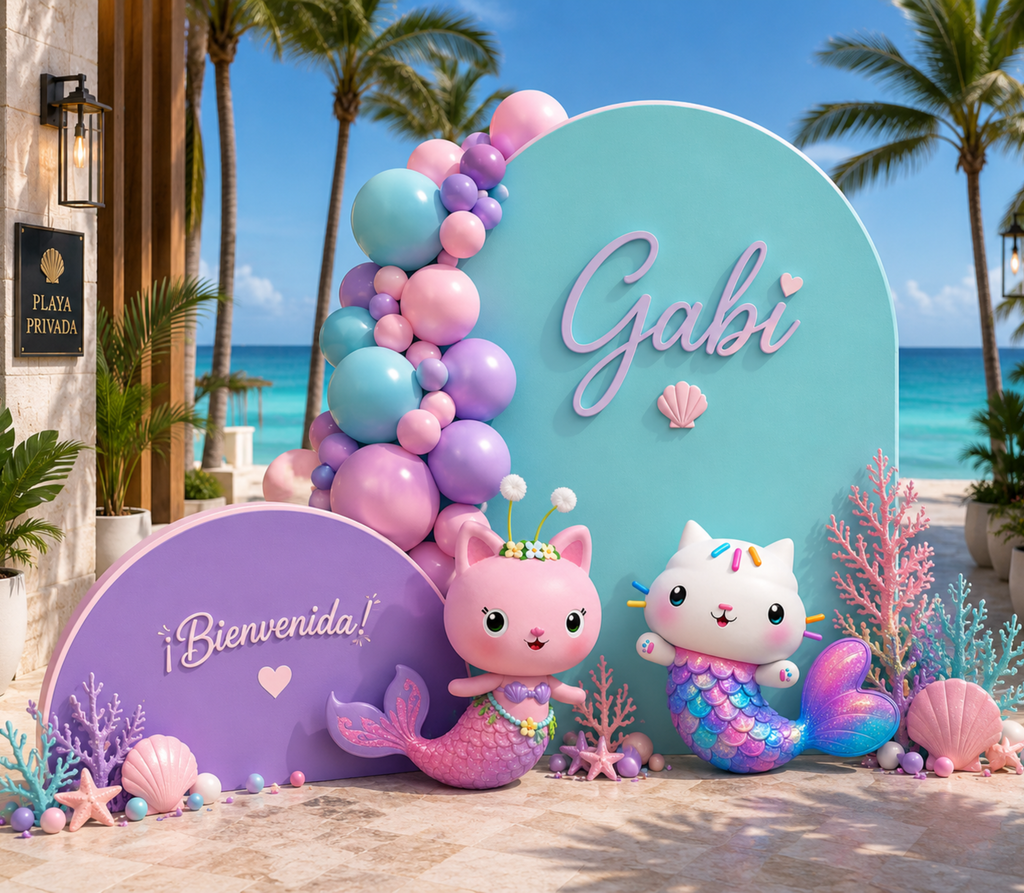 Aqua Gabby's Dollhouse mermaid party backdrop with pastel panels and coordinated character cutouts