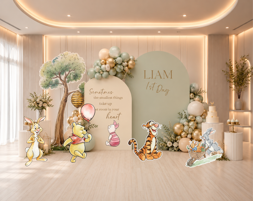 Neutral classic bear baby shower backdrop with beige arches, woodland florals and personalized storybook party decor.