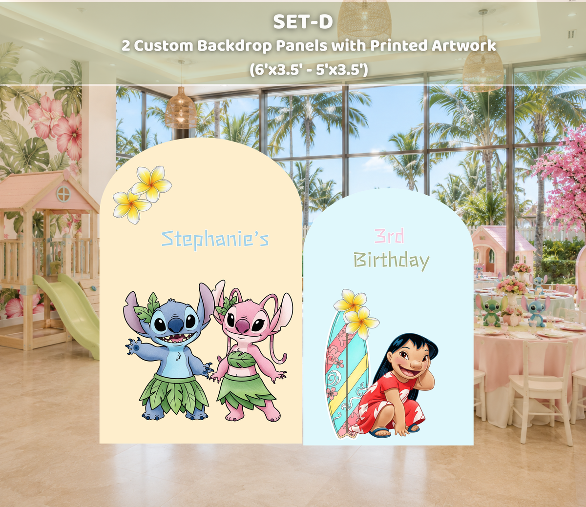 Tropical Hawaiian party backdrop with personalized arch panels, character cutouts and island inspired floral birthday decorations.