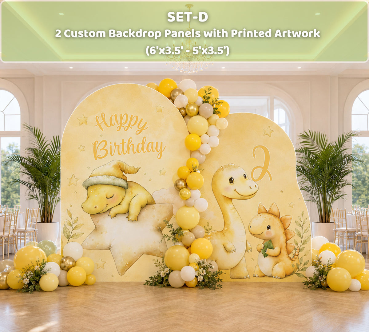 Yellow baby dinosaur birthday backdrop with pastel balloons, smiling dinosaur cutout and first birthday party styling.