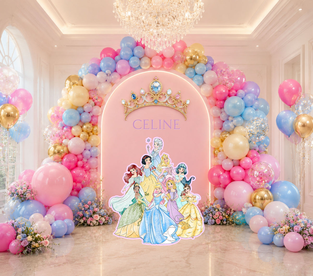 Princess backdrop options chart displaying multiple pastel arch panel designs and party setup variations for a custom birthday celebration.