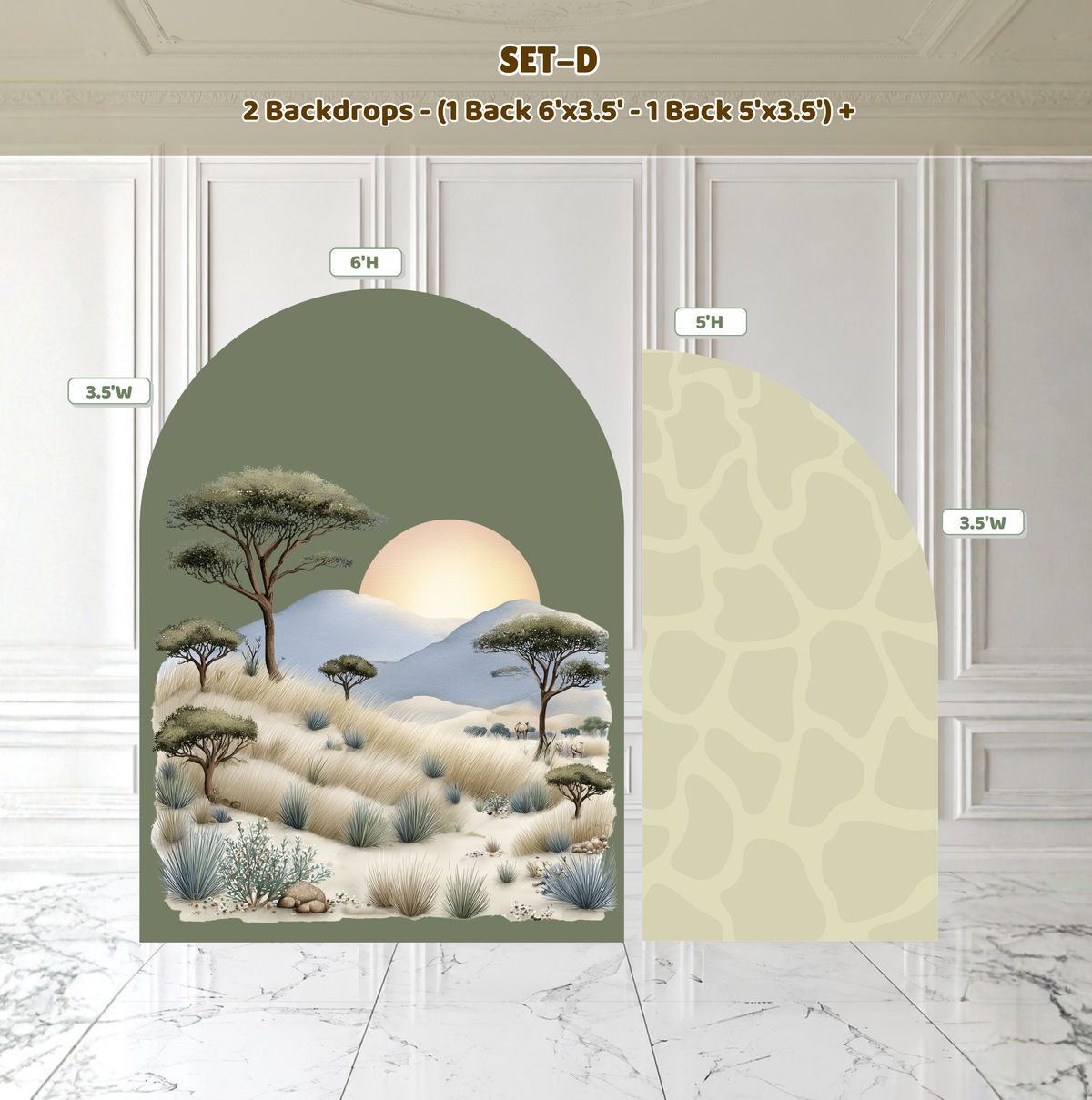 Safari theme arch backdrop with soft green tones, jungle scene details and cute animal decorations for a baby shower or birthday event.