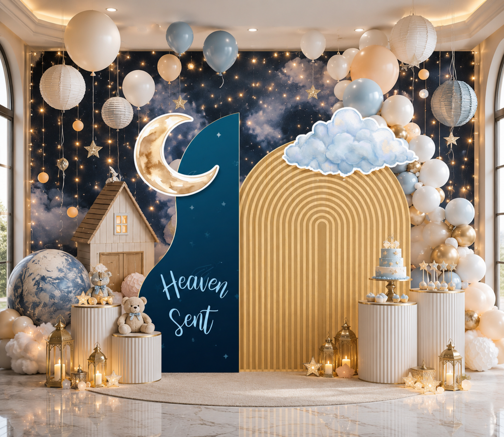 Personalized celestial baby shower backdrop with blue arch panels, clouds, crescent moon and soft balloon decor for a baby boy celebration.