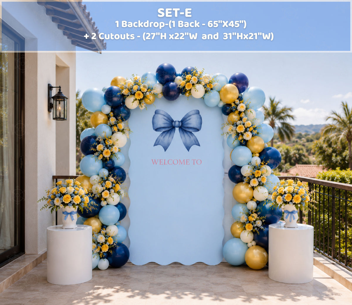 Blue lemon party backdrop with balloon garland and personalized summer celebration decor