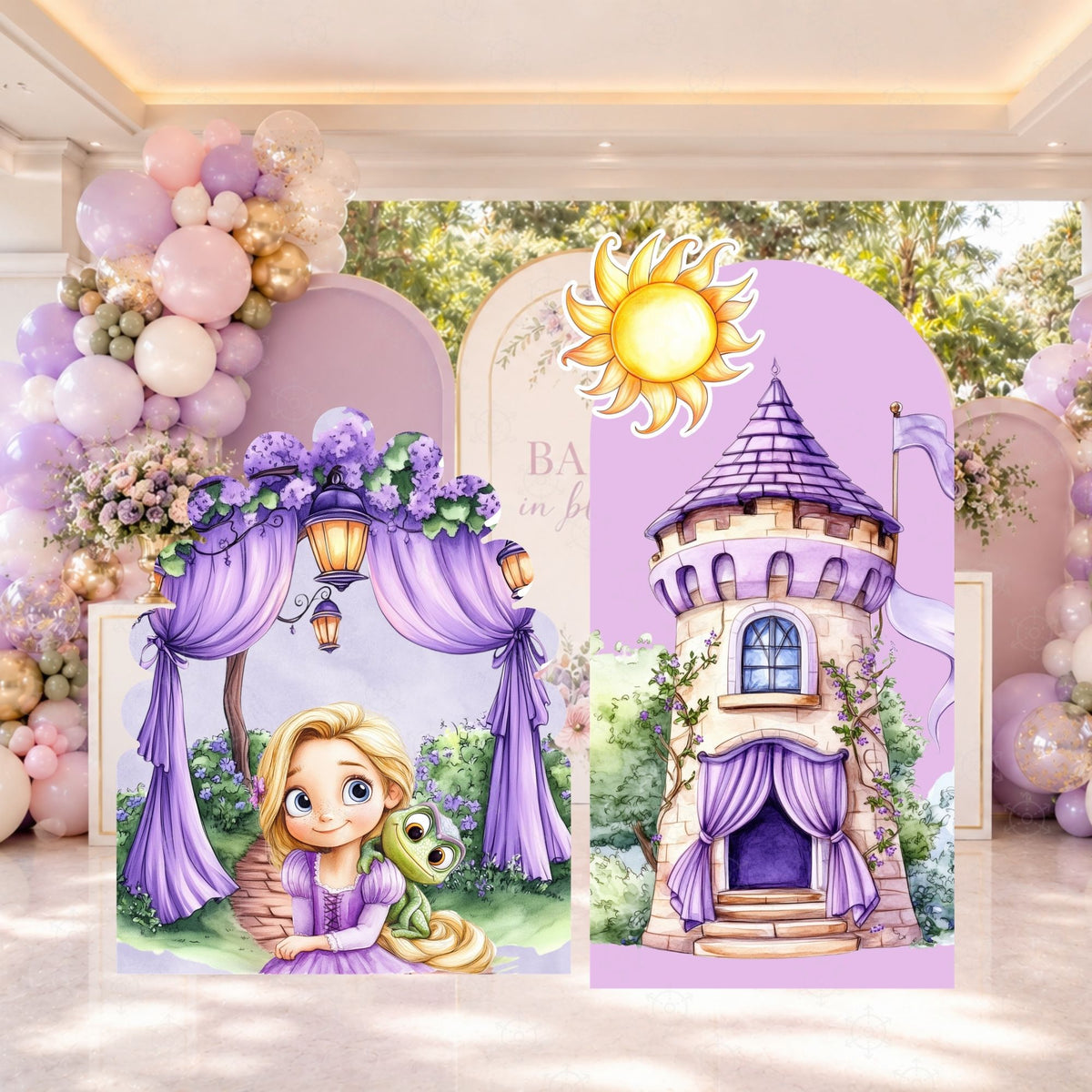 Indoor long hair princess backdrop with tower panel, pastel balloon garlands and themed character cutouts for a custom girls birthday party.