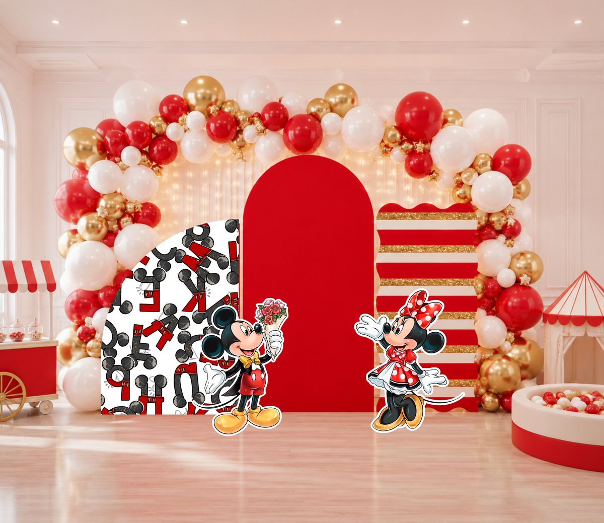 Classic mouse birthday backdrop with red center panel, black and white accents and red balloon garland