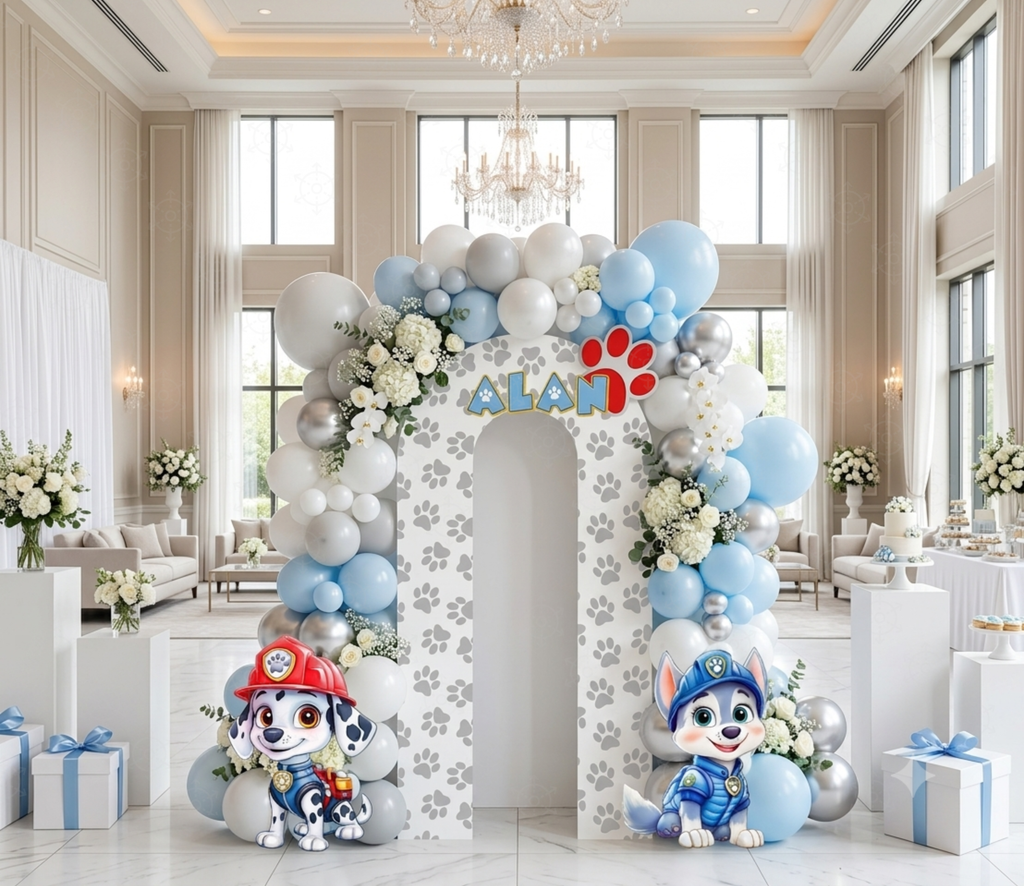 Personalized puppy rescue party backdrop with blue balloon garland and character cutouts
