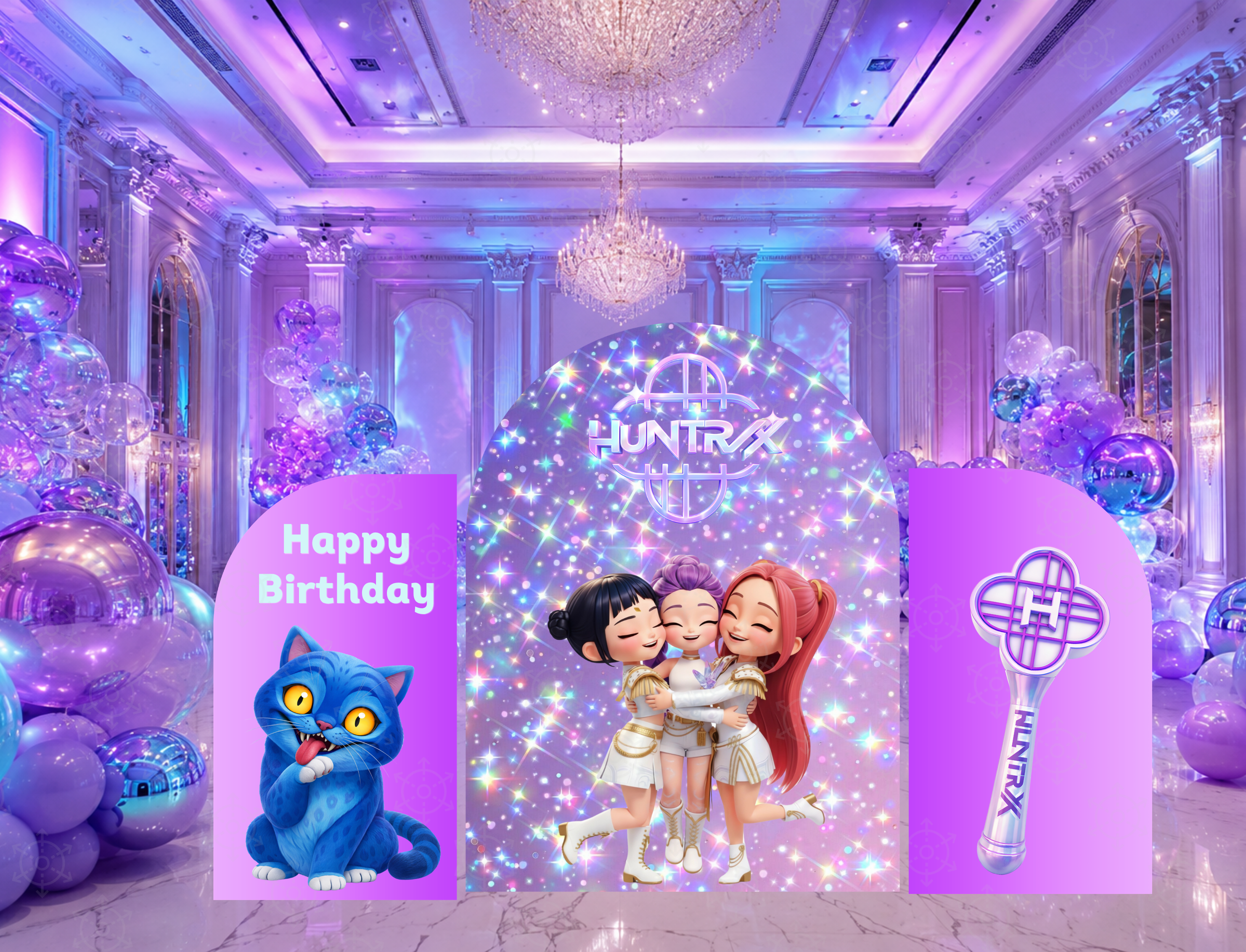Music themed teen birthday backdrop with chibi performer cutouts, purple neon lighting and stage inspired party decorations.