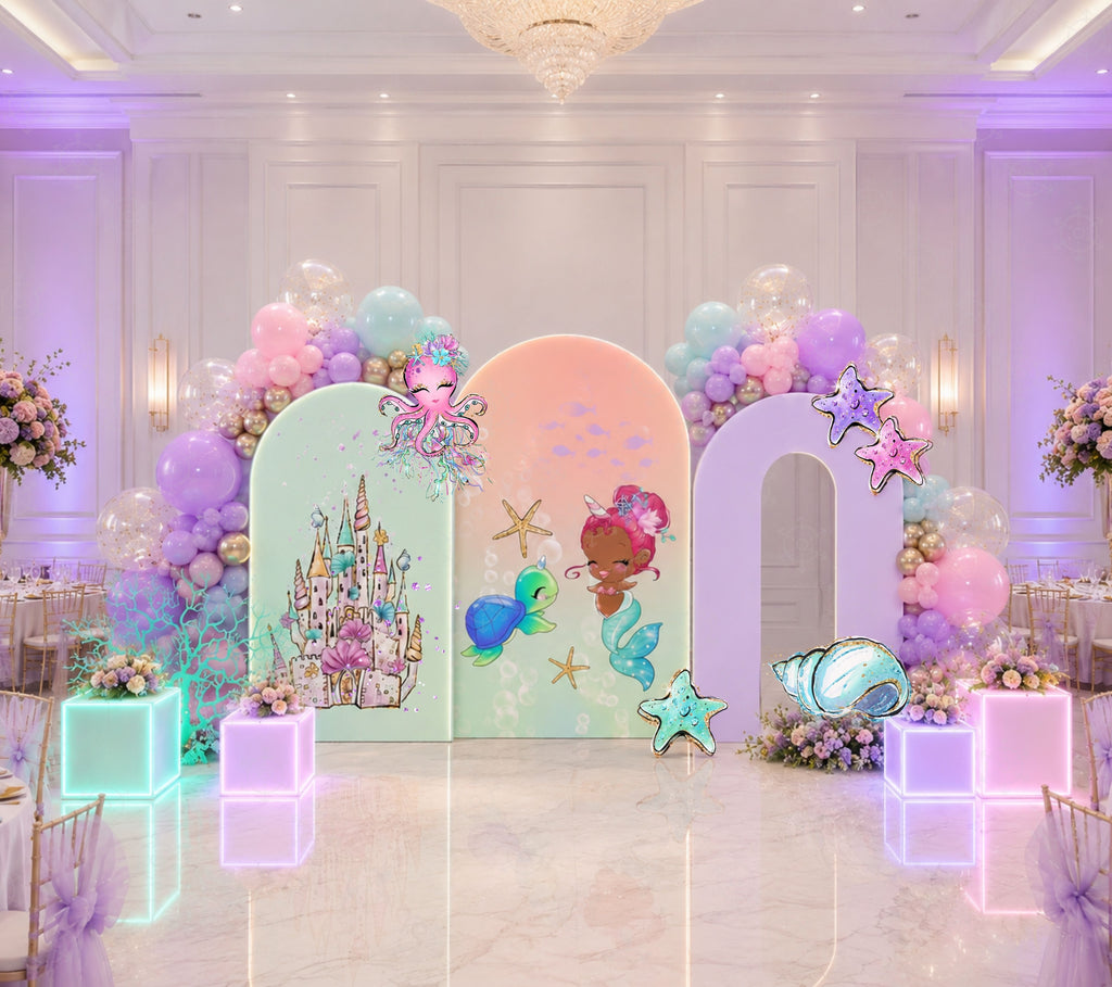 Pastel little mermaid birthday backdrop with soft pink, aqua and lavender under the sea decorations