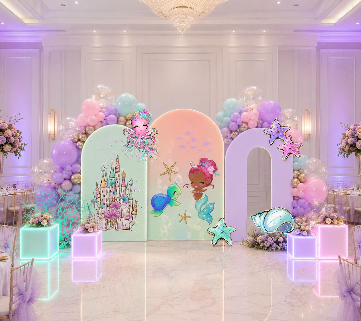 Pastel little mermaid birthday backdrop with soft pink, aqua and lavender under the sea decorations