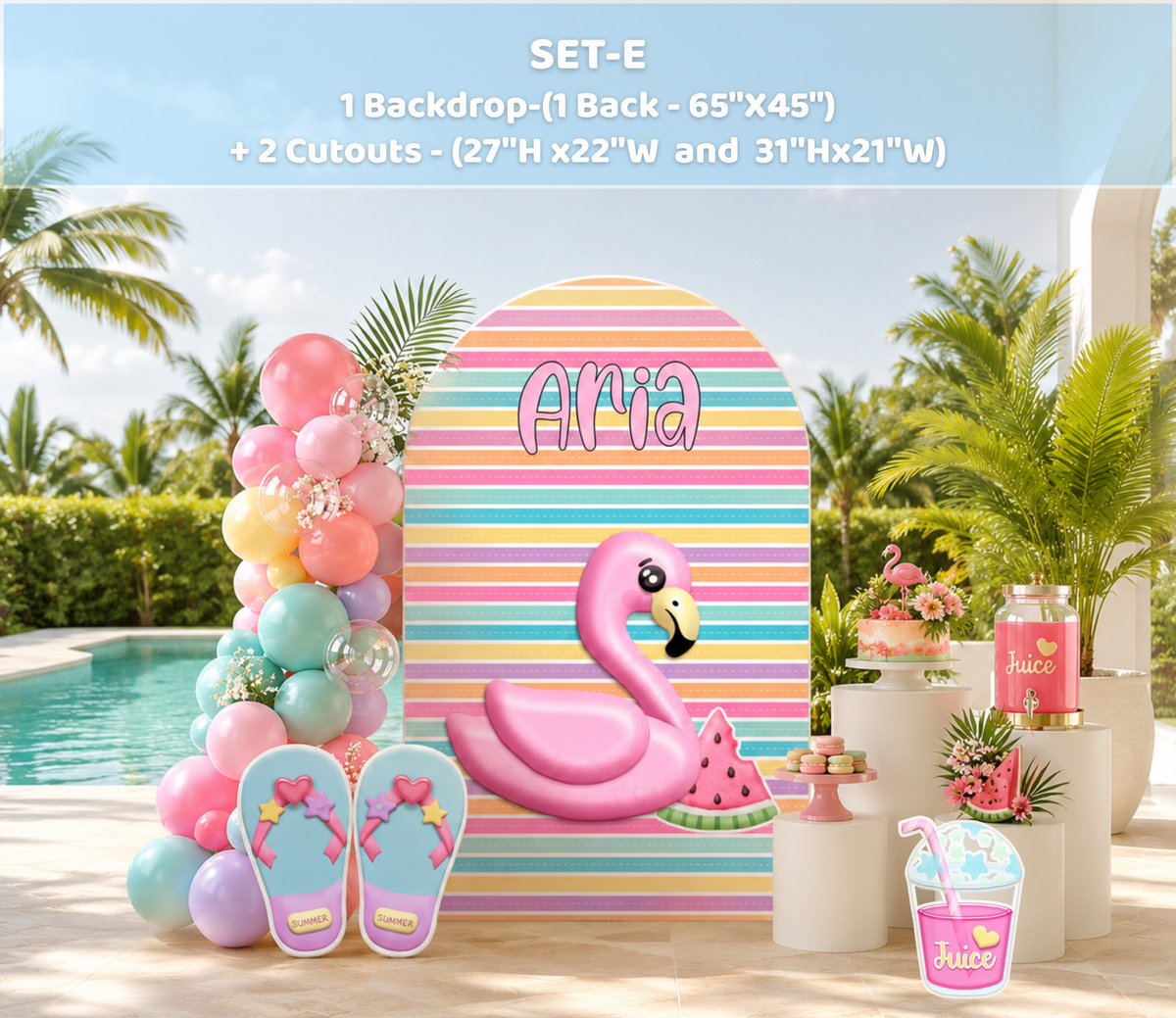 Outdoor summer birthday backdrop with pink and aqua panels, balloon garland, tropical palm trees and poolside party decorations.