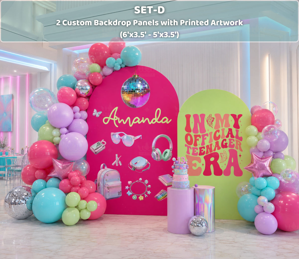 Colorful teen girl birthday backdrop with pink aqua and blue balloons, custom name and trendy party decorations.