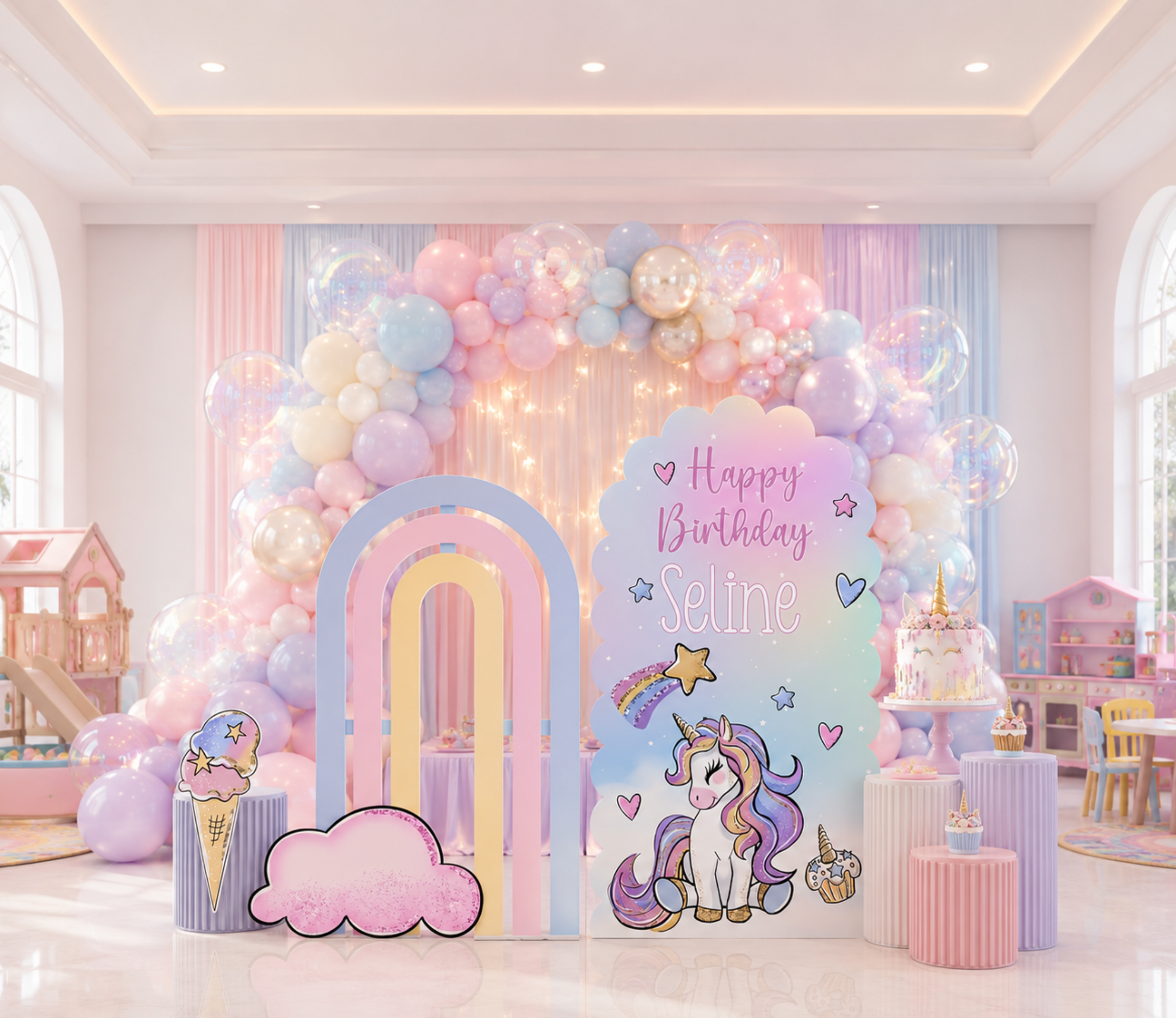 Soft pastel unicorn birthday backdrop with pink rainbow arch, blue and lavender panels and whimsical balloon decor.