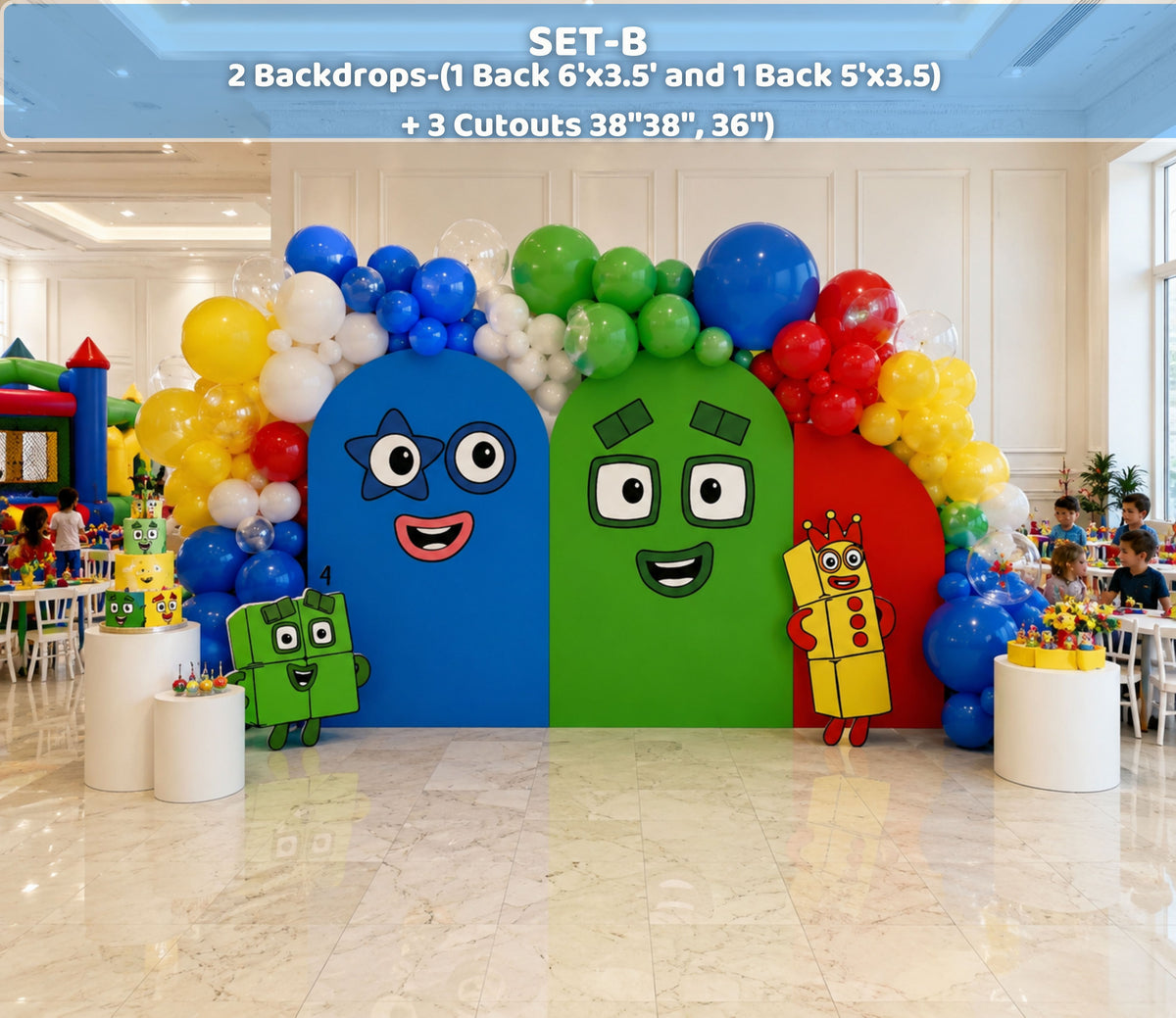 Personalized Numberblocks party backdrop with colorful number characters, balloon garland and bright indoor birthday decorations.