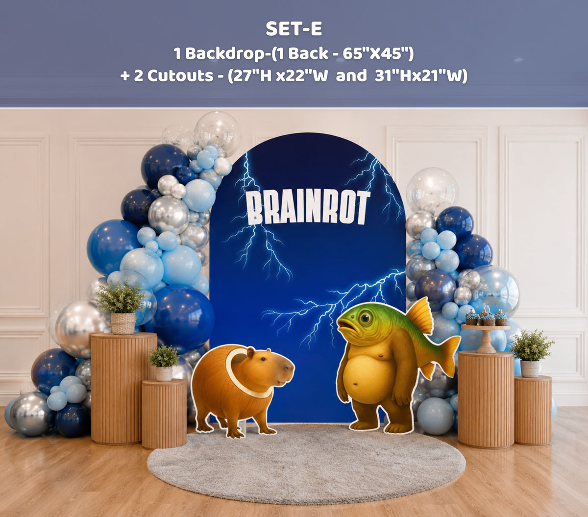 Blue Italian Brainrot birthday backdrop with colorful balloons, personalized name and playful meme-inspired cutouts for a kids party.