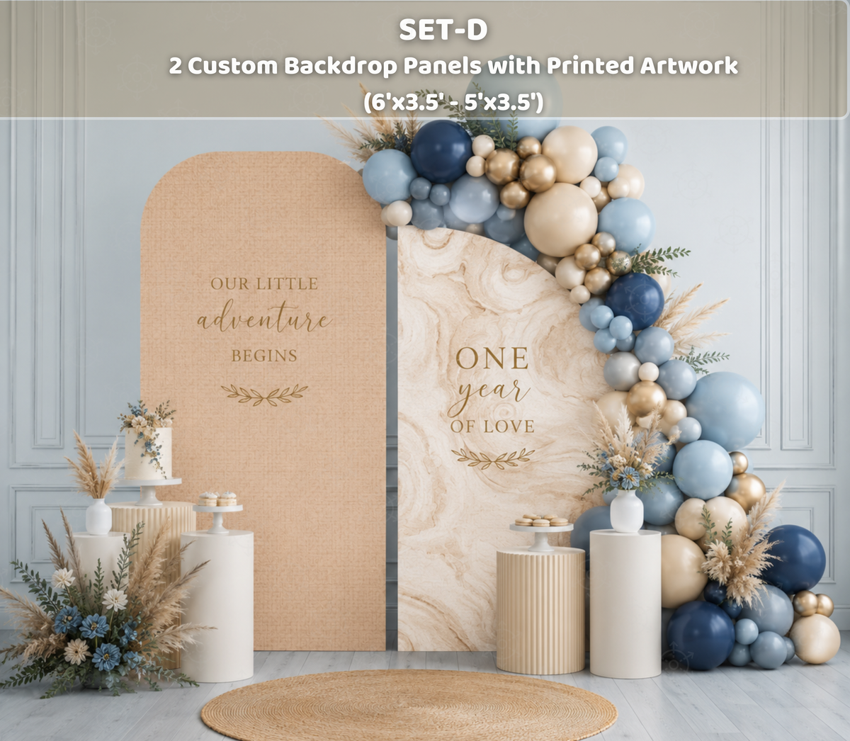 Blue little animal friends backdrop with pastel balloon garland and woodland animal decorations
