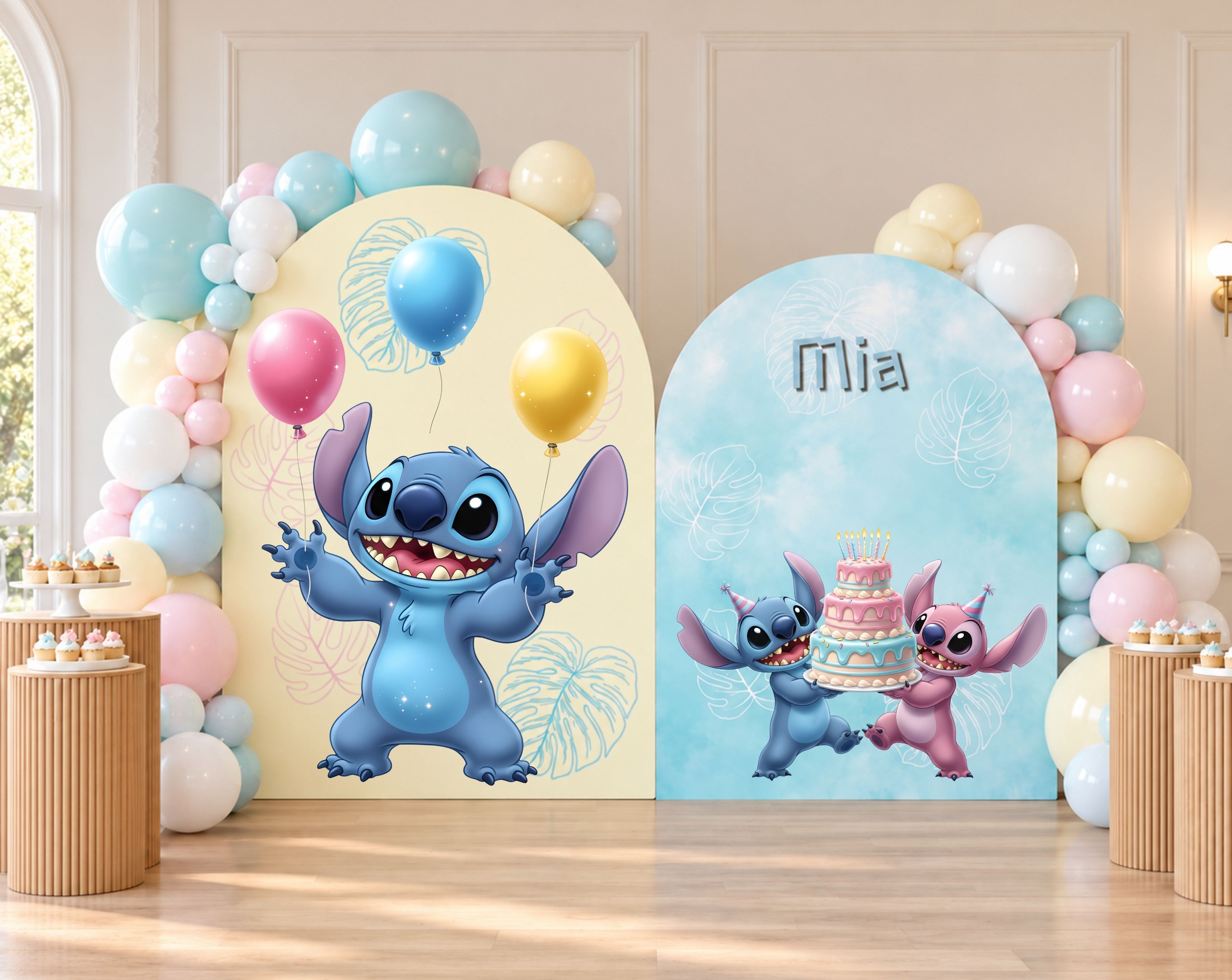 Indoor blue alien party backdrop with pastel arch panels, balloon decor and personalized name styling for a kids birthday.