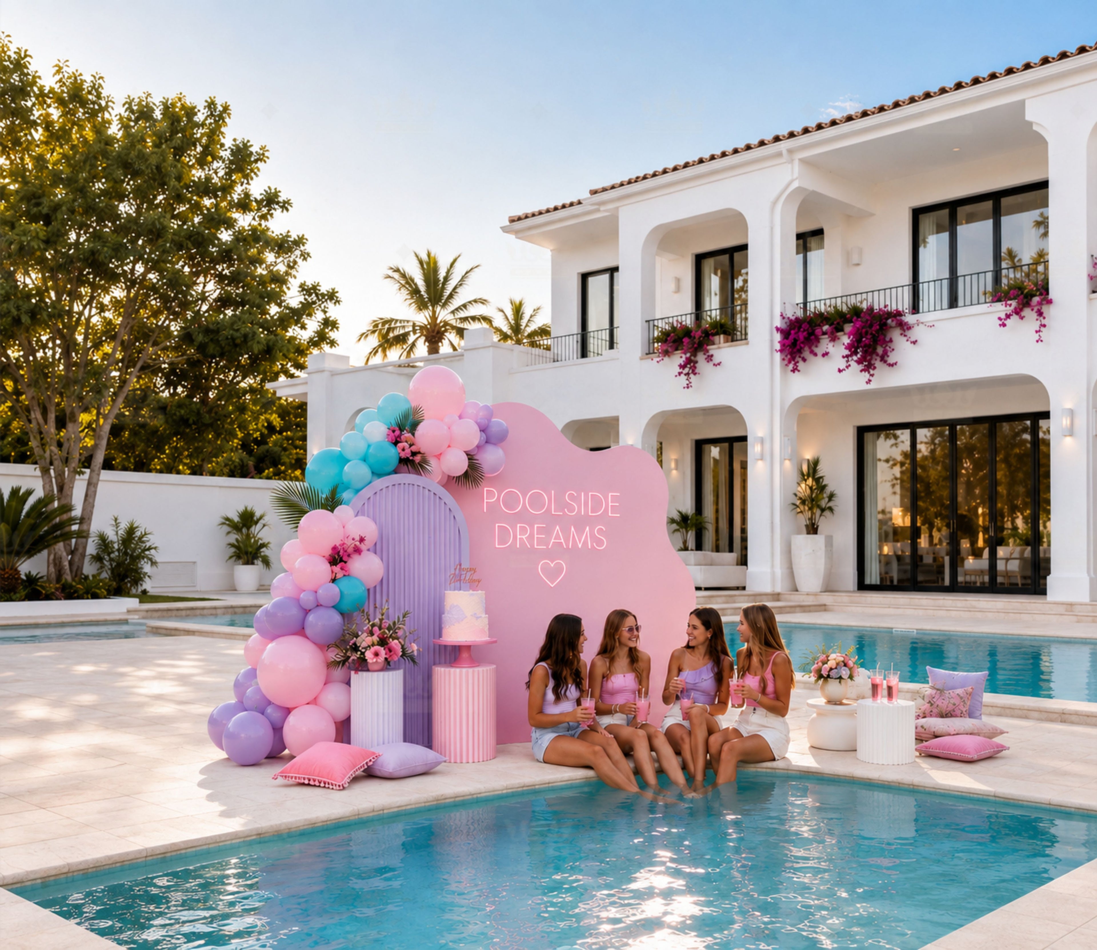 Pastel poolside birthday backdrop with personalized summer decor for a tropical resort celebration