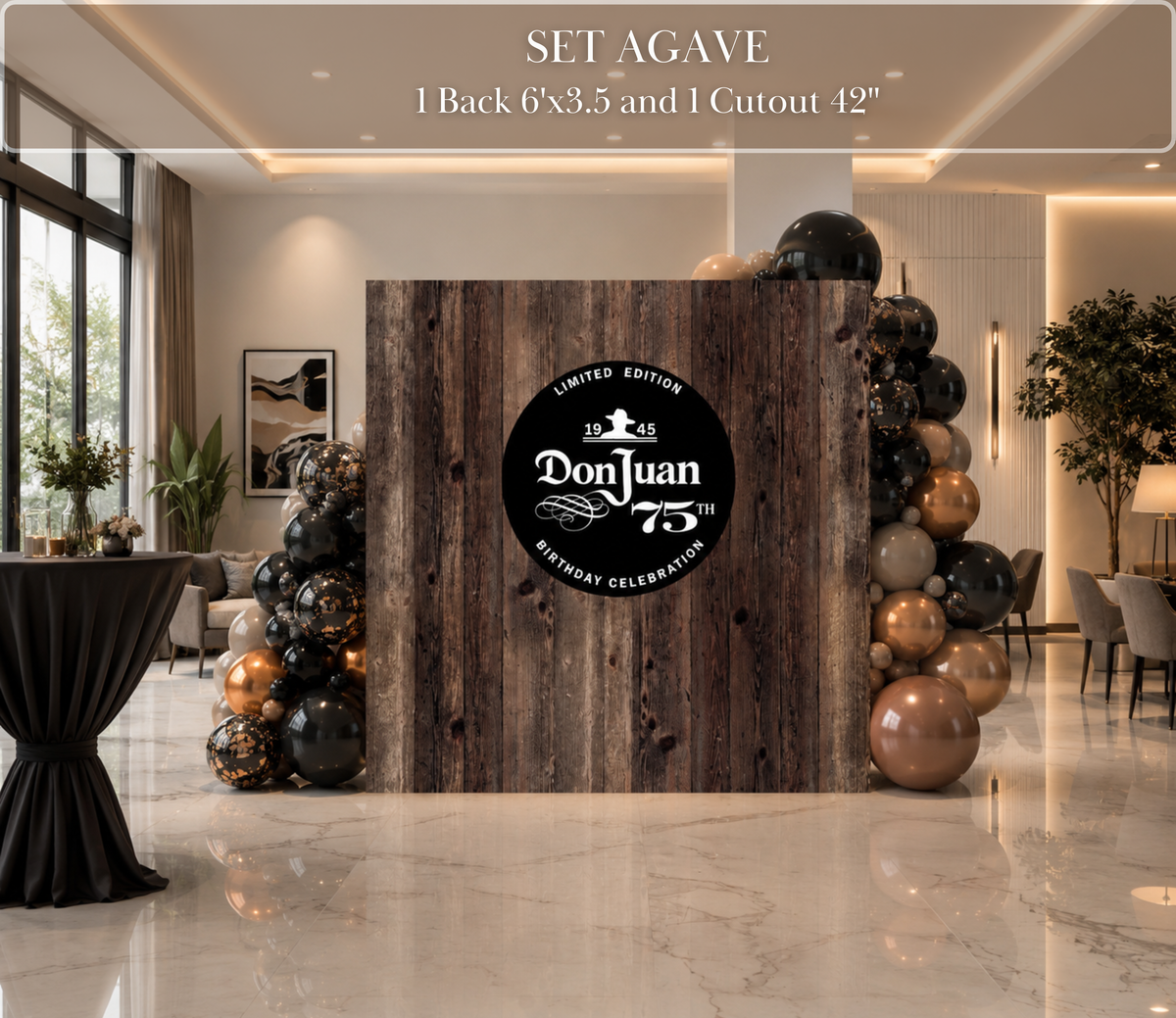 Custom black tequila bar sign displayed at an indoor party bar with personalized name and sophisticated birthday decor.