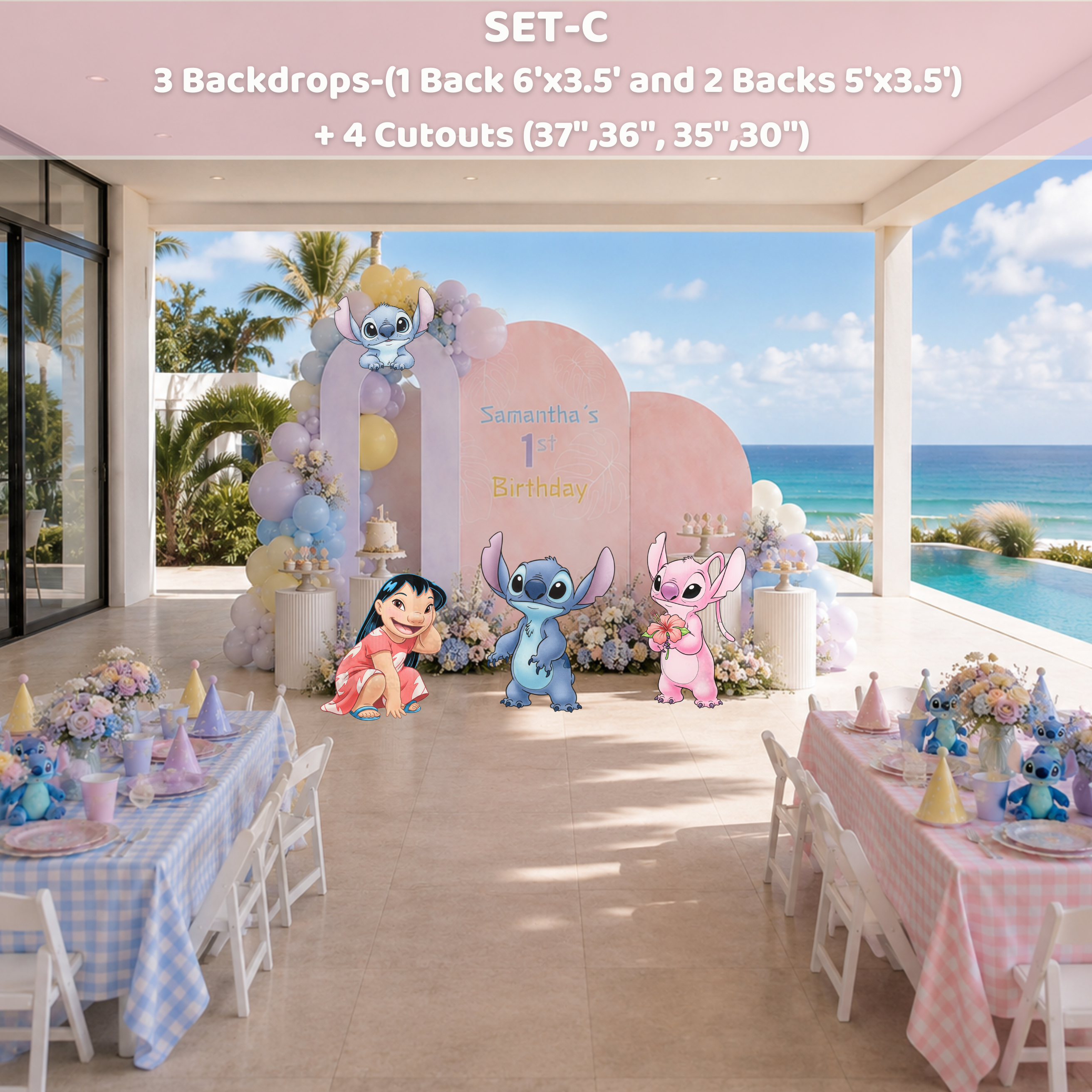 Pastel Blue Alien Beach Birthday Backdrop & Cutouts | Personalized Tropical Kids Party Decorations