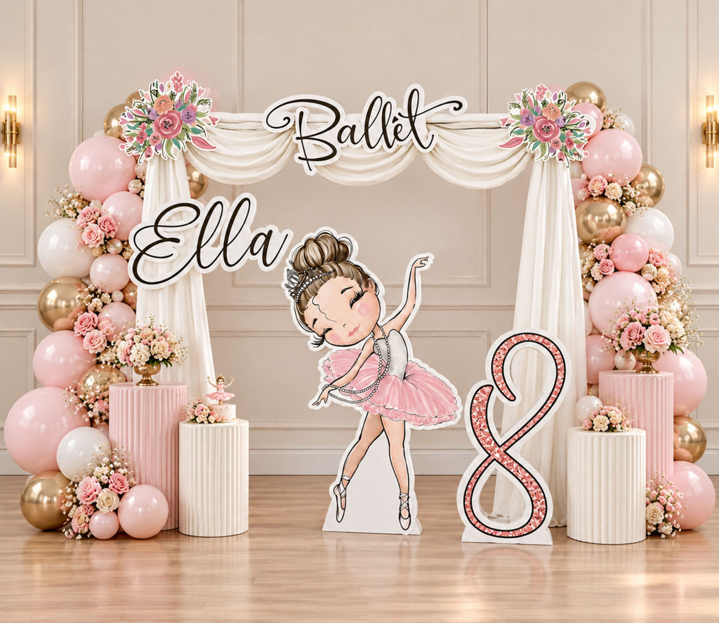 Personalized ballerina birthday backdrop with blush pink arches, floral decor and delicate ballet inspired character cutouts.