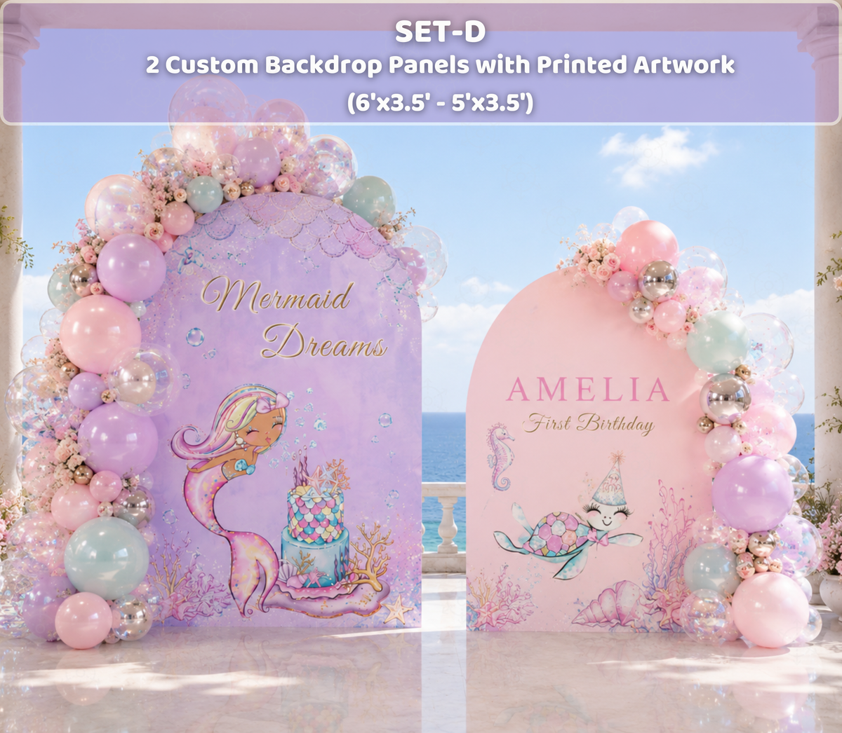 Pastel mermaid birthday backdrop with purple arch panel, seashell accents and matching under the sea character cutouts.