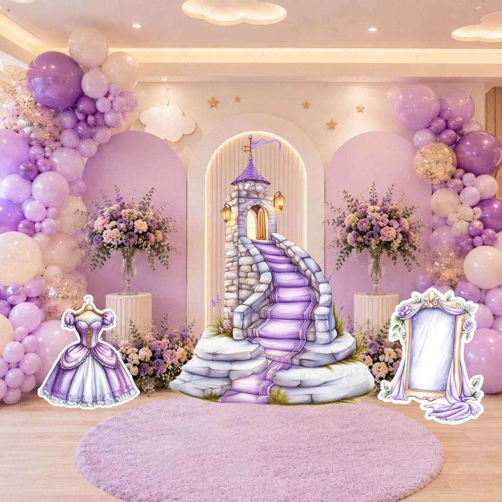 Princess staircase backdrop with pastel arches, floral styling and mirror cutout for a fairytale birthday party display.