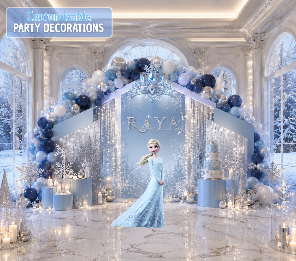 Snow Queen Princess Ice Castle Backdrop | Personalized 3-Panel Arch Birthday Party Decor