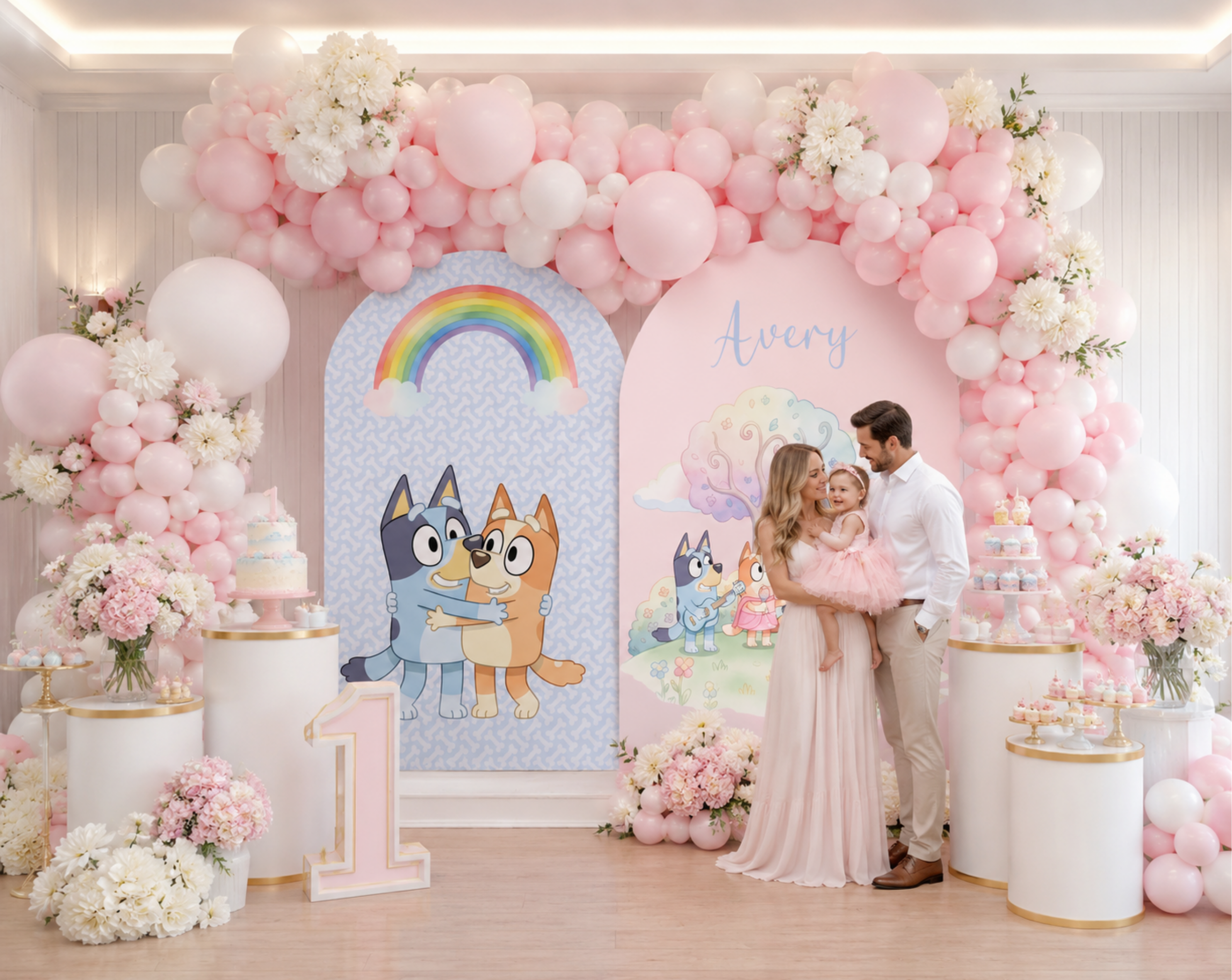 Pink puppy family birthday party backdrop with rainbow detail, pastel balloons and character cutouts for a sweet indoor celebration.
