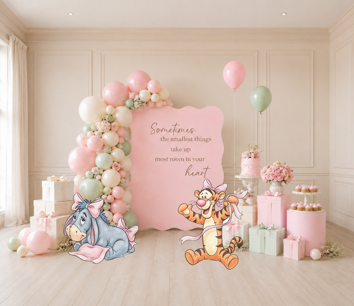 Pastel Honey Bear baby shower backdrop with coordinating character cutouts and soft pink floral decorations.