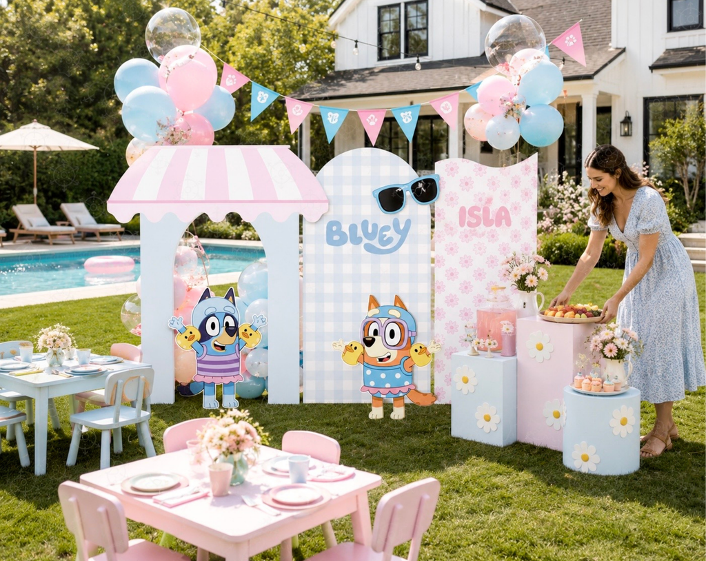 Custom Blue Puppy Pool Party Backdrop & Cutouts | Personalized Summer Kids Birthday Decorations