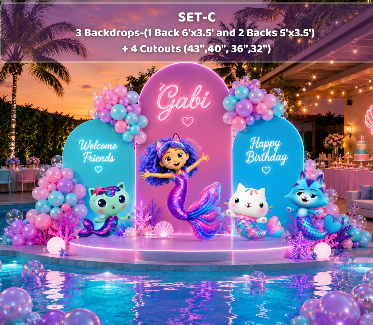 Colorful Gabby's Dollhouse mermaid pool party backdrop with pink and aqua personalized panels