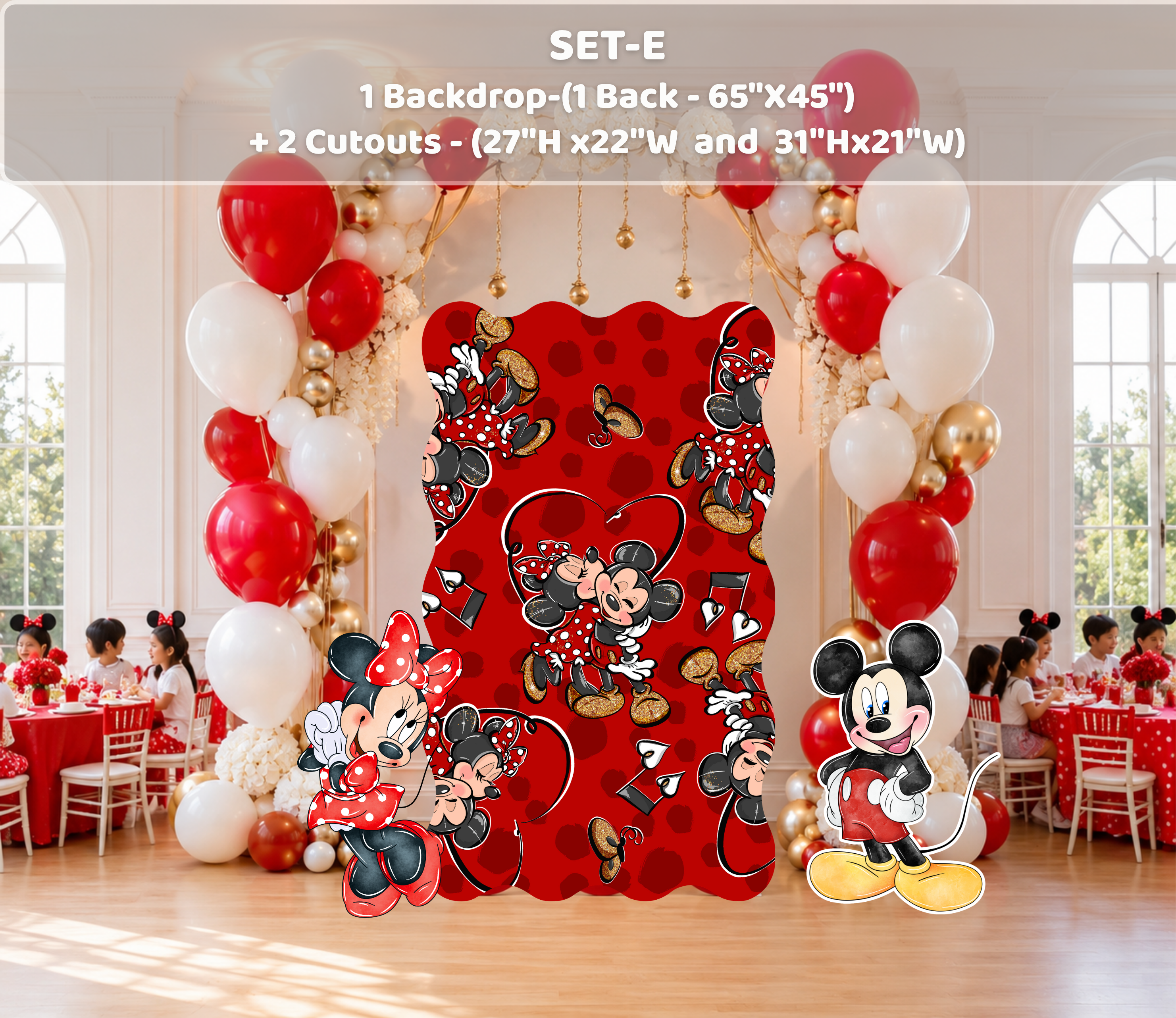 Red classic mouse birthday party setup with patterned backdrop, balloons and coordinated character cutouts