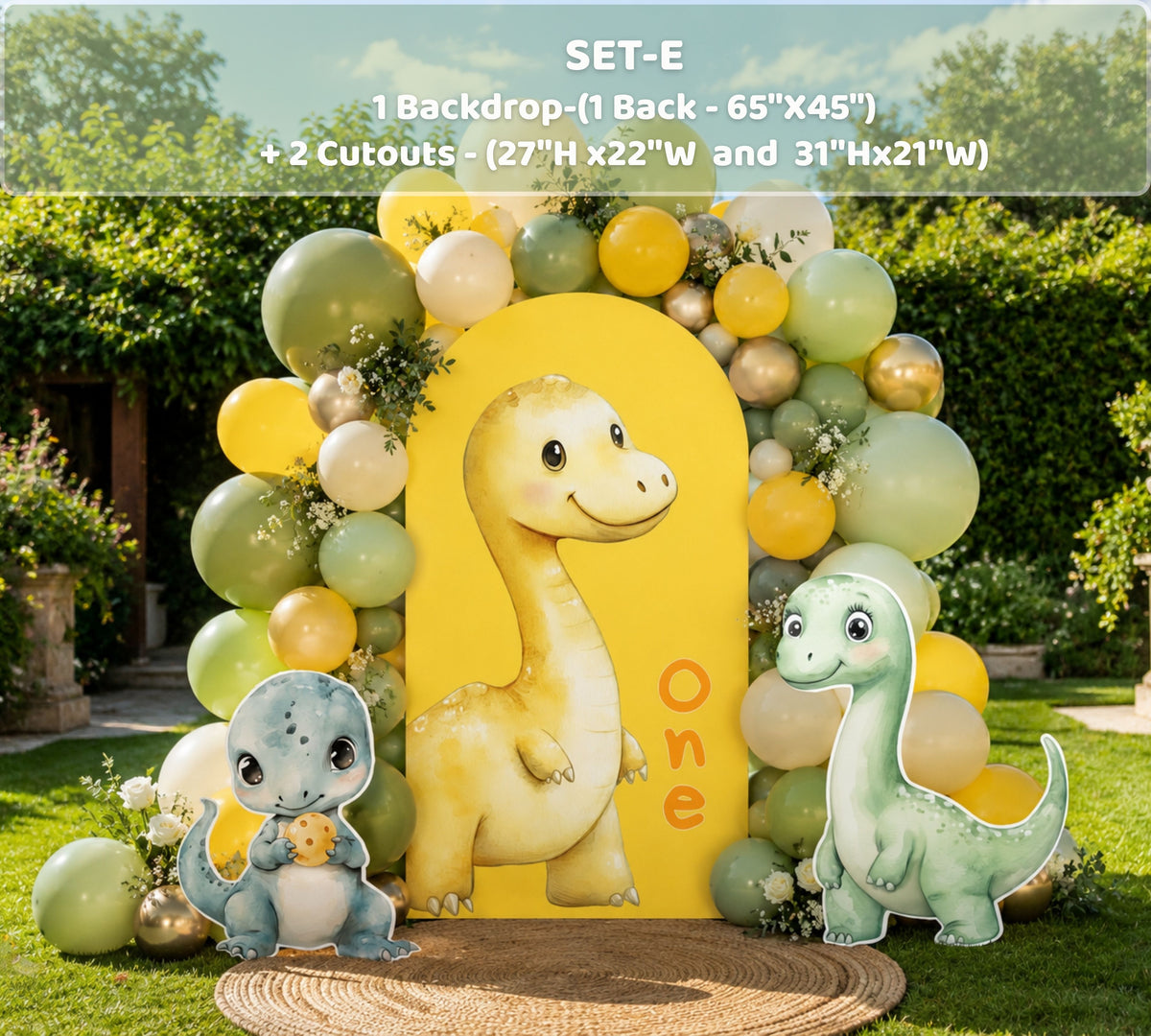 Green baby dinosaur backdrop with round balloon garland, pastel party colors and playful dino birthday decorations.