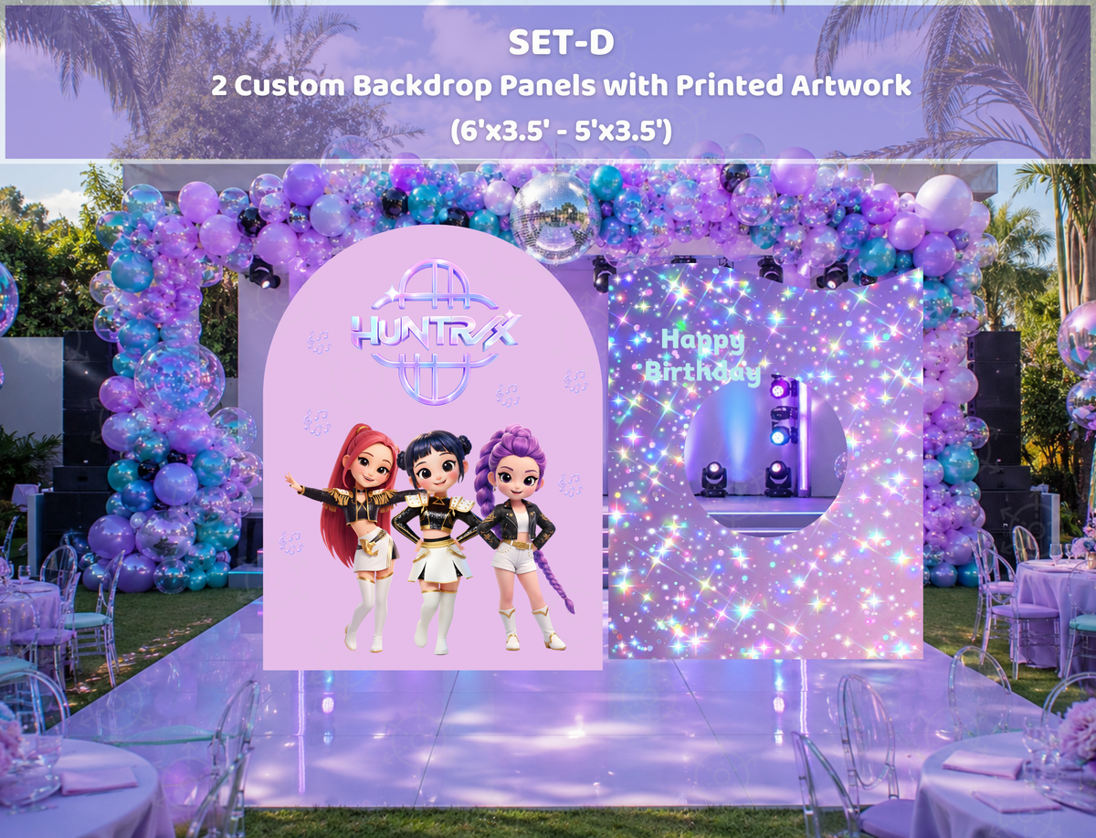 Personalized chibi concert party backdrop with lavender and blue lighting effects, performer cutouts and birthday event decor.