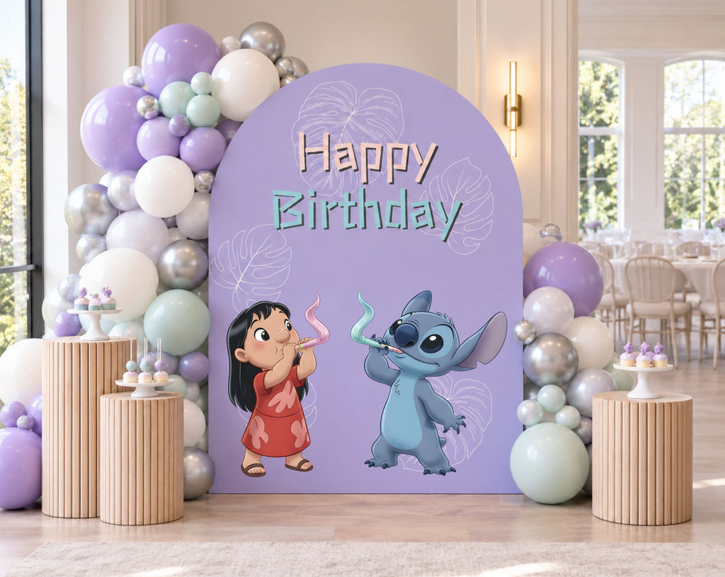 Pastel blue alien birthday setup with layered arch panels, balloon garland and cute character cutouts for a personalized event display.