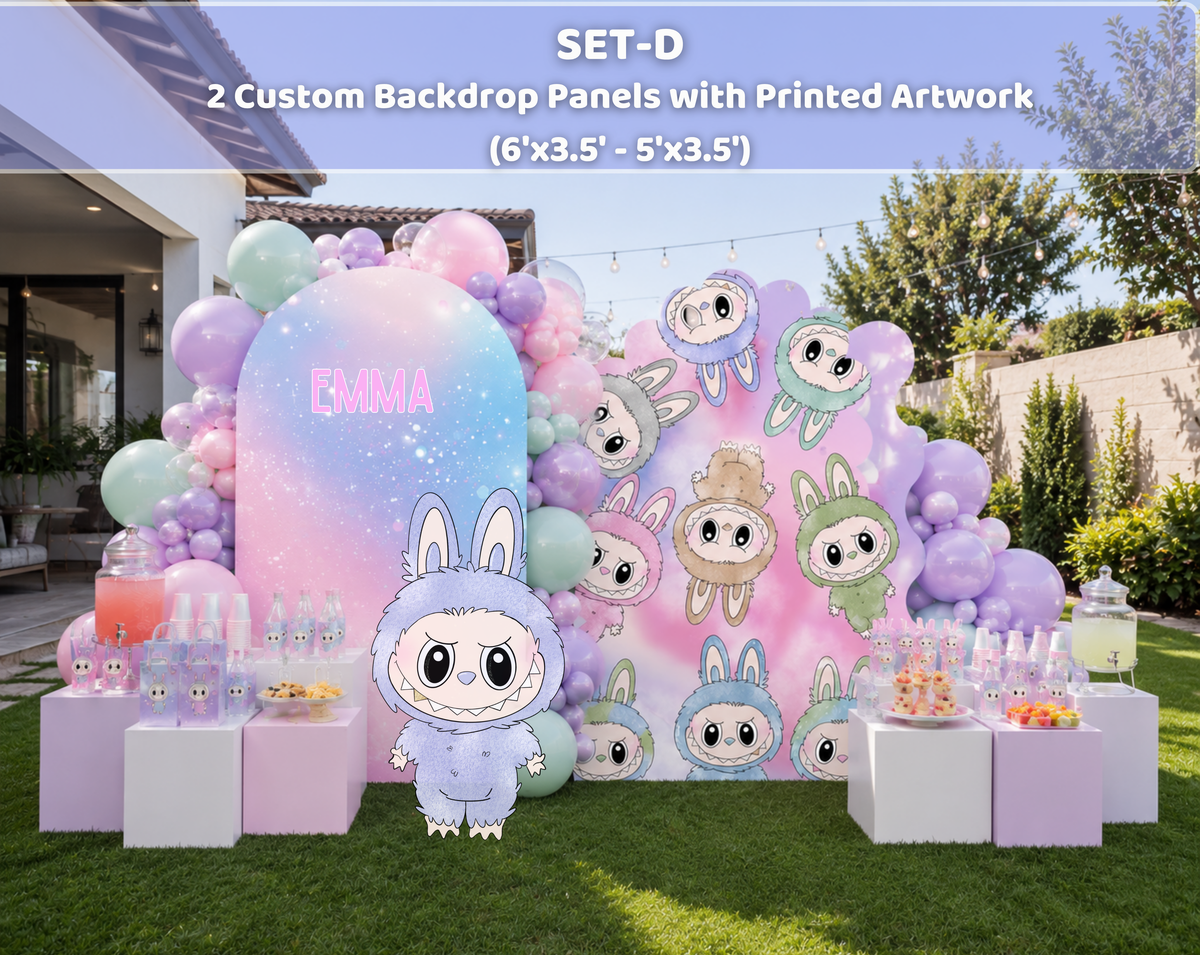 Outdoor monster birthday party backdrop with pastel pink and blue panels, cute cutouts and balloon decor for a kids event.
